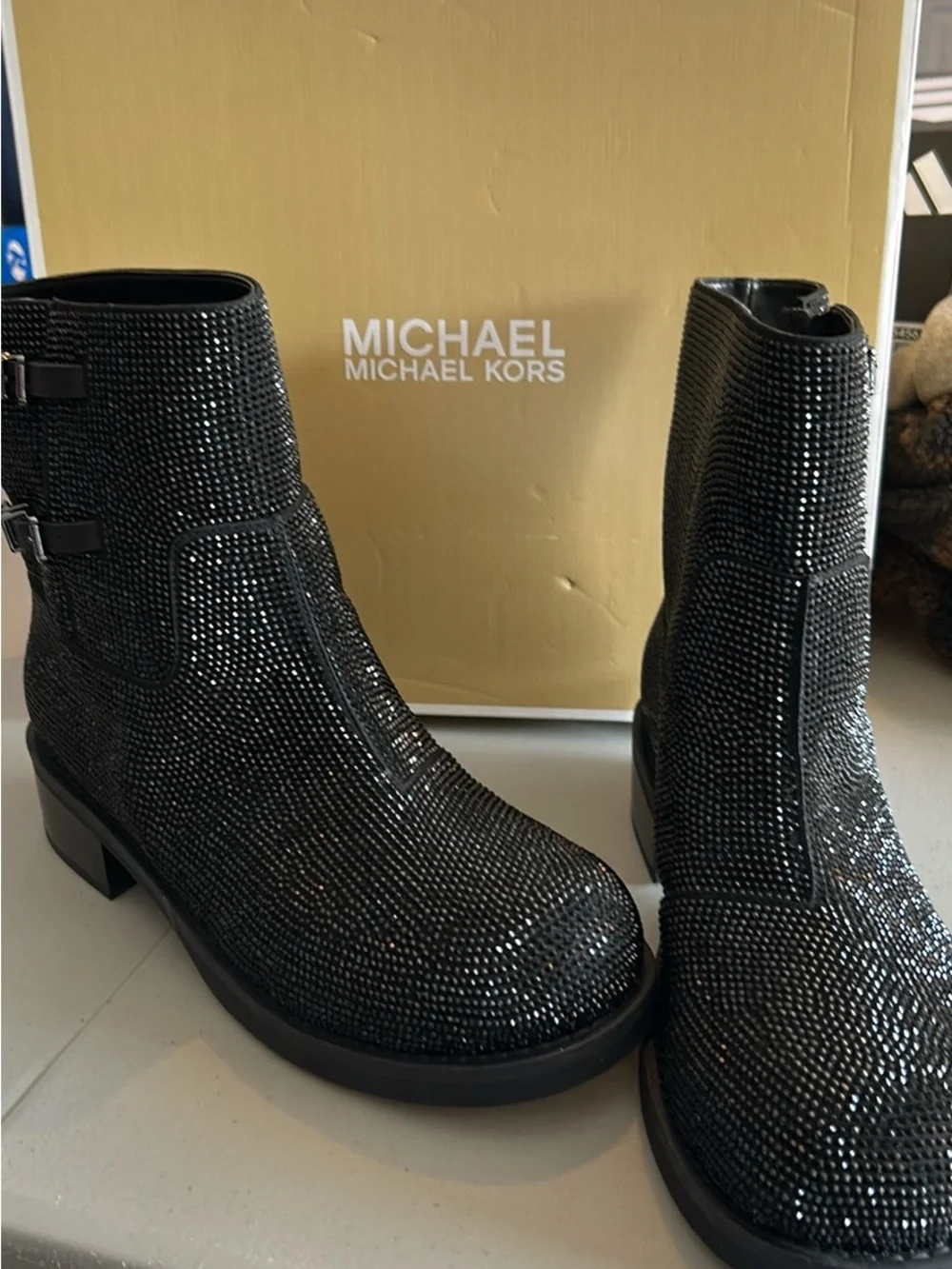 Michael Kors Black Crystal-Embellished Ankle Booties - Picture 1 of 7
